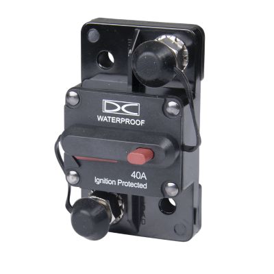 Manual reset 40A circuit breaker with waterproof surface mount design and ignition protection, featuring switchable function.