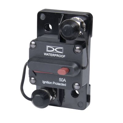 Waterproof Del City 50 Amp circuit breaker with manual reset and surface mount design.