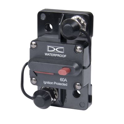 Del City manual reset waterproof circuit breaker, 60 Amp, surface mount with switchable feature and ignition protection.