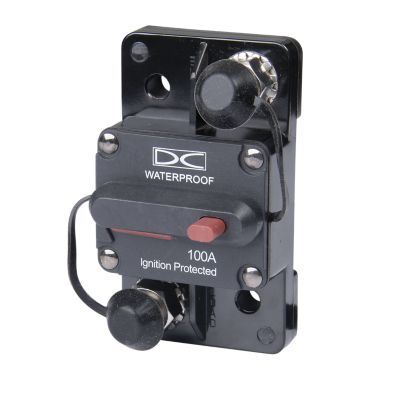 Manual Reset Hi-Amp Circuit Breaker, Surface Mount, 100 Amp, Waterproof Design, Ignition Protected, Del City.