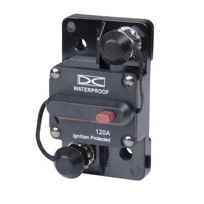 Manual reset waterproof circuit breaker, surface mount, 120A, 48V, with switchable features and ignition protection.