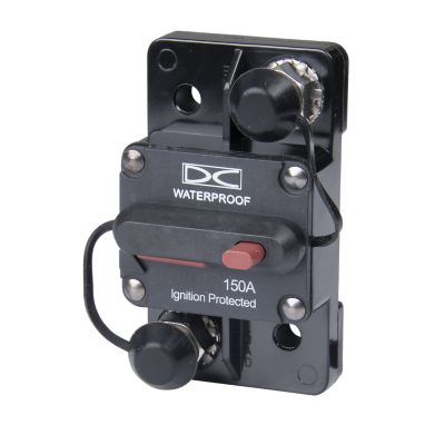 Del City manual reset circuit breaker, surface mount, 150 Amp, 48V, black with ignition protection feature.