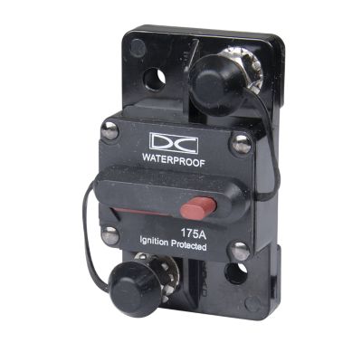 Manual reset surface mount circuit breaker, waterproof, 175 amp, with switchable feature and protective casing.