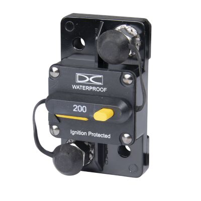 Del City manual reset high-amp circuit breaker, waterproof, surface mount, 200 amp, 48V, with switchable design.