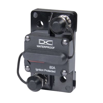 Manual reset circuit breaker with waterproof design, surface mount, ignition protected, 80 Amp, 48V for Del City.