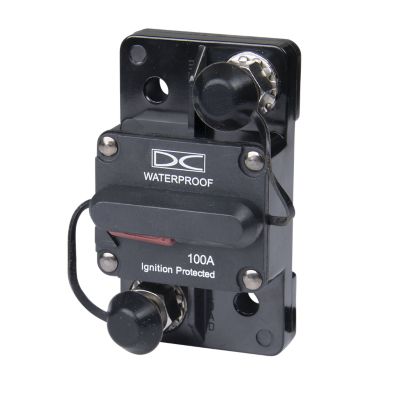 Manual Reset Hi-Amp Circuit Breaker, Surface Mount, 100 Amp, 48V, Waterproof, with Stud Terminals.