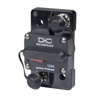 Waterproof manual reset circuit breaker, surface mount, 120 amp, 48V, with ignition protection and sturdy design.