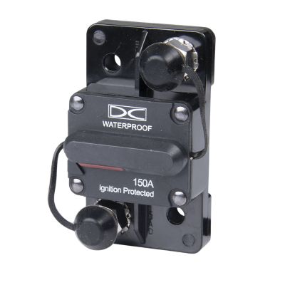 Del City manual reset circuit breaker, surface mount, waterproof design with dual studs, 150 Amp, 48V rating.
