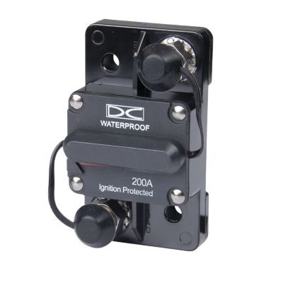 Manual reset circuit breaker, surface mount, waterproof design, 200 Amp, 48V with 3/8" studs for high-amp protection.