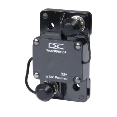 Black Del City auto reset circuit breaker with waterproof design, surface mount, 80 Amp capacity, and ignition protection.