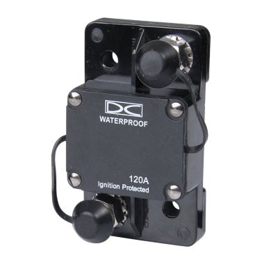 Waterproof auto reset circuit breaker, surface mount, 120 Amp, 32V, with ignition protection and robust design.