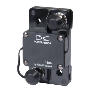 Waterproof 150 Amp auto reset circuit breaker with surface mount design and ignition protection.
