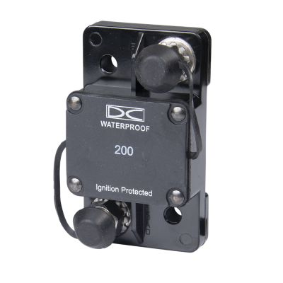 Del City 200 Amp auto reset circuit breaker, surface mount, featuring robust black design with visible connection points.
