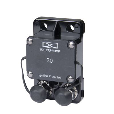 Marine-rated circuit breaker, waterproof, auto reset, surface mount, ignition protected, 30 Amp, 48V capacity.