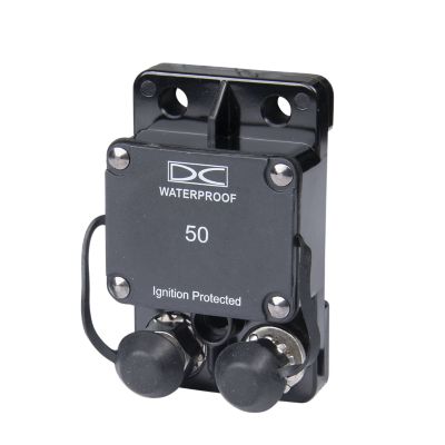 Waterproof marine circuit breaker by Del City, surface mount, hi-amp, ignition protected, black, 50 Amp, 48V.