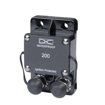 Waterproof auto reset circuit breaker by Del City, marine rated, surface mount with ignition protection, 200 Amp, 48V.