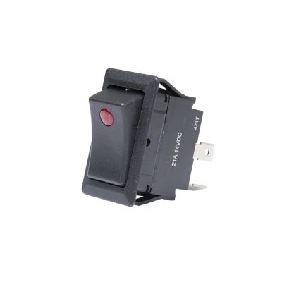 Red rocker switch with blade terminals, shown in a side angle, highlighting its on-off SPST functionality.
