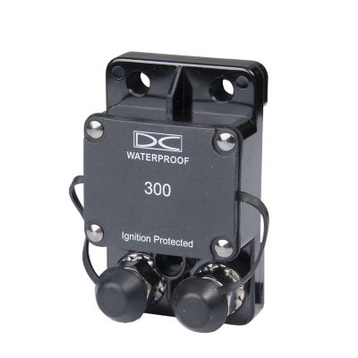 Waterproof auto reset marine circuit breaker, surface mount, black design, 300 Amp, Del City, ideal for high-amp protection.
