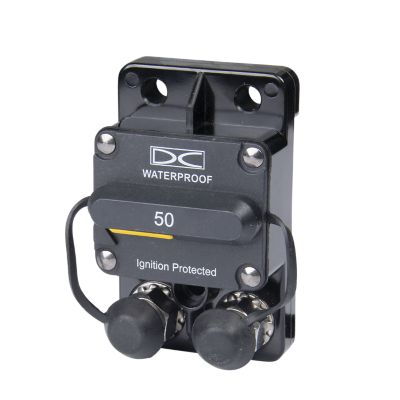 Waterproof marine-grade circuit breaker, surface-mounted with ignition protection, 50 amp capacity, by Del City.