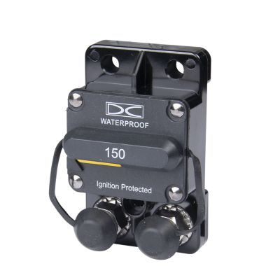 Manual reset marine circuit breaker, 150 Amp, waterproof, surface mount, Del City branding, ignition protected design.