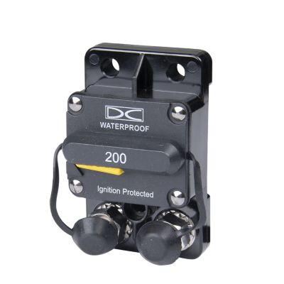 Marine-rated hi-amp circuit breaker by Del City with manual reset, surface mount, and waterproof design, 200 amp capacity.