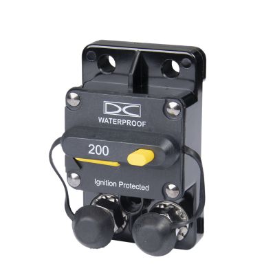 Waterproof marine circuit breaker with manual reset, surface mount design, featuring robust construction and ignition protection.