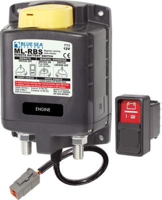 Remote battery switch with manual control and connector for marine applications.