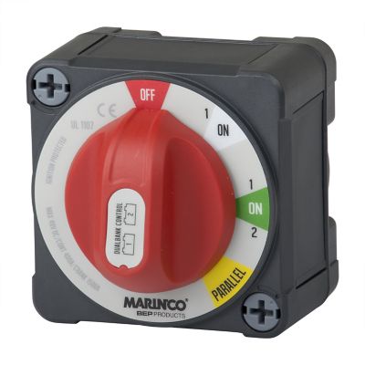 Battery switch with a gray box and red dial from BEP Pro Installer