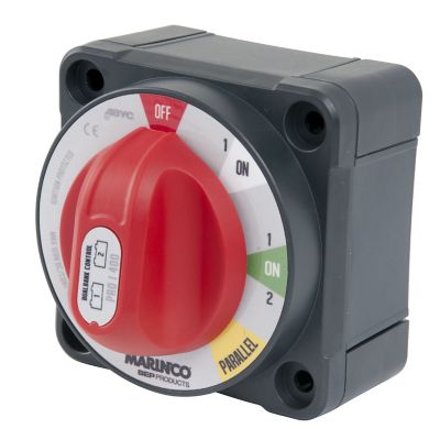 Standard Dual Battery Bank switch made by BEP that is gray with a red dial