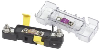 Blue Sea Systems MIDI fuse block with clear cover, highlighting fuse and secure connections in durable design.