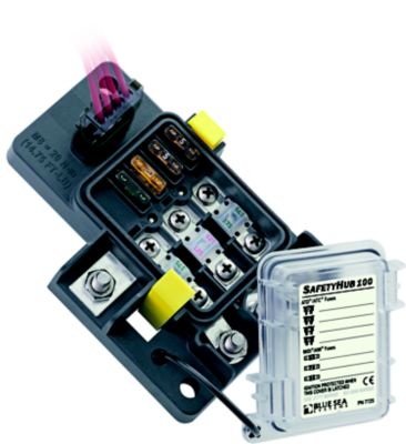 Blue Sea Systems SafetyHub 100 Fuse Block featuring various fuses, with protective cover displayed.
