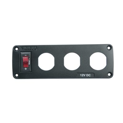 Water-resistant USB panel with a red circuit breaker switch and three blank apertures, designed for electrical installations.