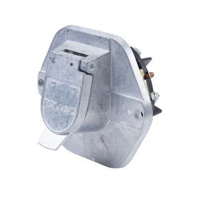 Pollak 11-737, 7-way trailer connector socket with replaceable circuit breakers, featuring durable metal construction.