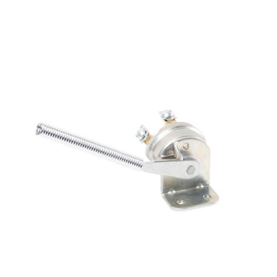Silver metal back-up switch with mounting plate and long threaded actuator. 