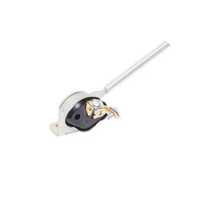Back side view of a silver metal back-up switch with mounting plate and long threaded actuator. 