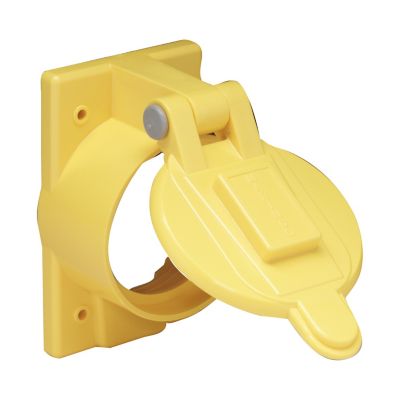Yellow weatherproof cover with lift lid, robust design for 50 Amp electrical connections, suitable for outdoor use.