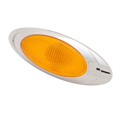 Oblong amber clearance marker lamp with chrome trim, flush mount design. Limited quantity available.