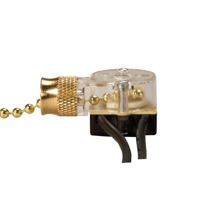 Brass nut pull switch with cloth chain, featuring a transparent casing and SPST connectivity for electrical applications.