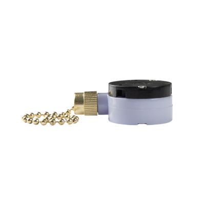 Fan pull chain switch with round base and attached beaded chain, featuring SPDT mechanism for controlling fan functions.