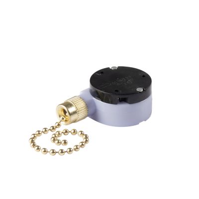 SPDT pull chain switch with dual ON positions and OFF setting, featuring a gold bead chain attached to a round casing.
