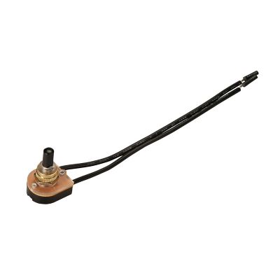 Black SPST ON-OFF push-button switch with attached wires, featuring a sleek design for easy integration in electronics.