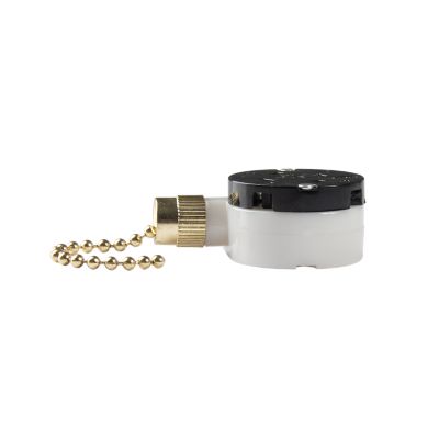 Fan Pull Chain Switch SP3T with brass beads and compact white housing for ceiling fan operation.