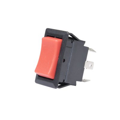 Red actuator SPDT rocker switch with an On-Off-On configuration.