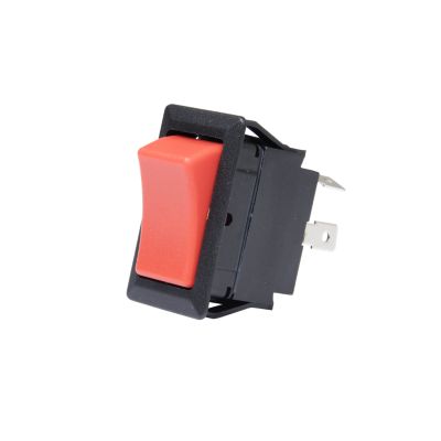 Red actuator SPDT rocker switch with an On-Off-On configuration.