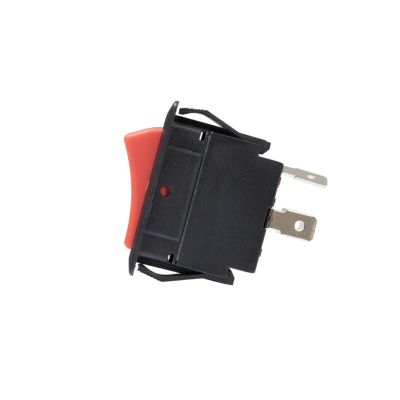 Side view of Red actuator SPDT rocker switch with an On-Off-On configuration.