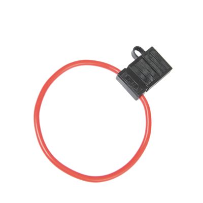 Black watertight fuse holder with red leads, designed for secure connections in automotive or marine applications.