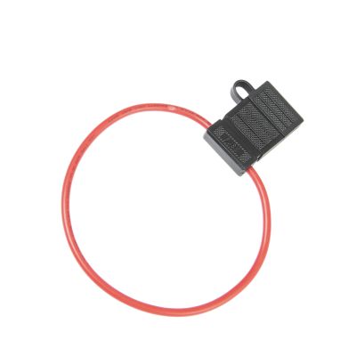 Water-tight fuse holder with red leads, featuring a black compact design for 30 Amp automotive applications.