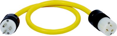 Yellow Sure Eject Pigtail cable with black connectors, Blue Sea Systems product, designed for 120V AC and 20 Amp usage.