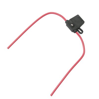 Black ATC/ATO inline fuse holder with red leads and LED indicator for electrical safety, suitable for 30 Amp, 32V systems.