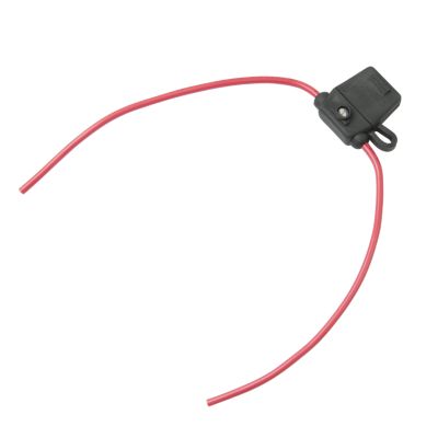 Black inline fuse holder with LED, featuring red leads.